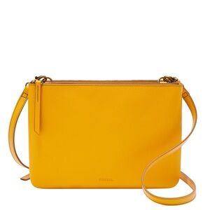 💼🐄Beautiful Fossil Golden Yellow Mustard Genuine Leather Cowhide Crossbody Bag